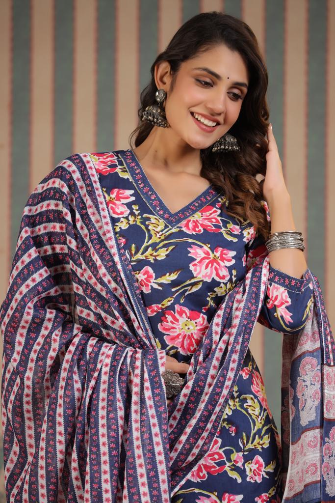 Vihaa Floral Block Printed Blue StraightSuit Set