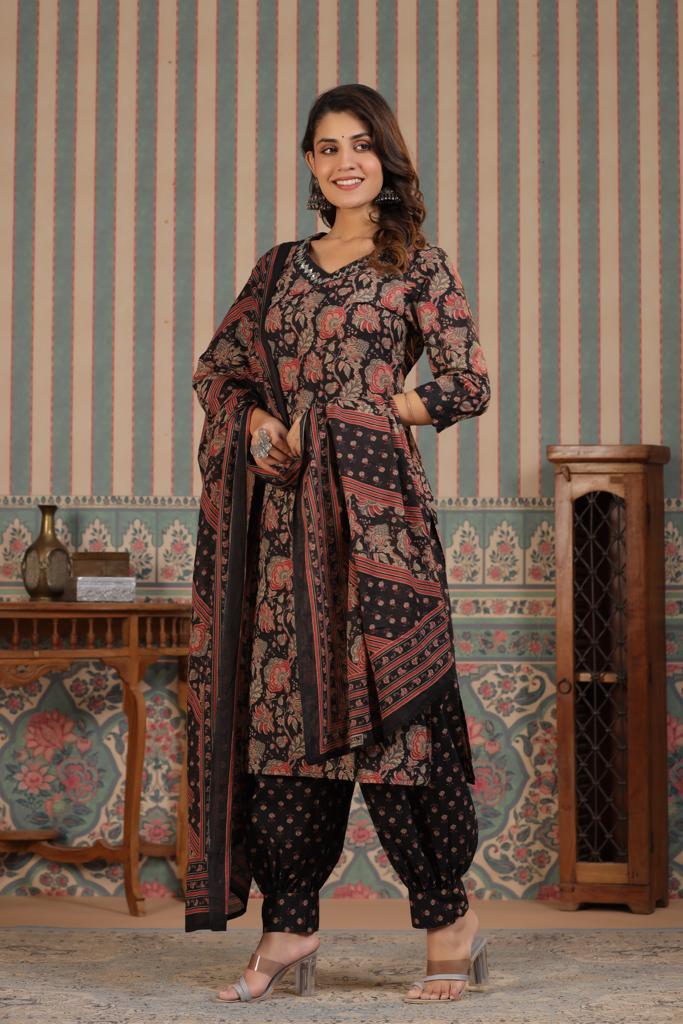 Arzoi Floral Block Printed Black Afghani Suit Set