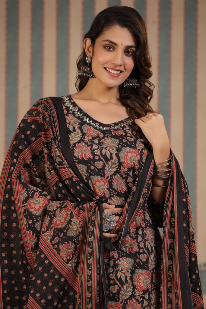 Arzoi Floral Block Printed Black Afghani Suit Set