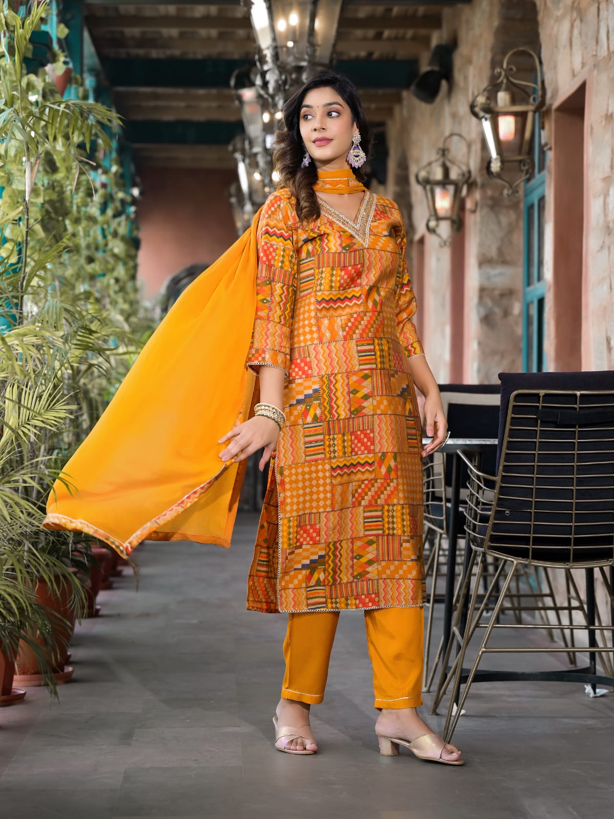 Vihaa Yellow Digital Printed embroidered straight Suit Set