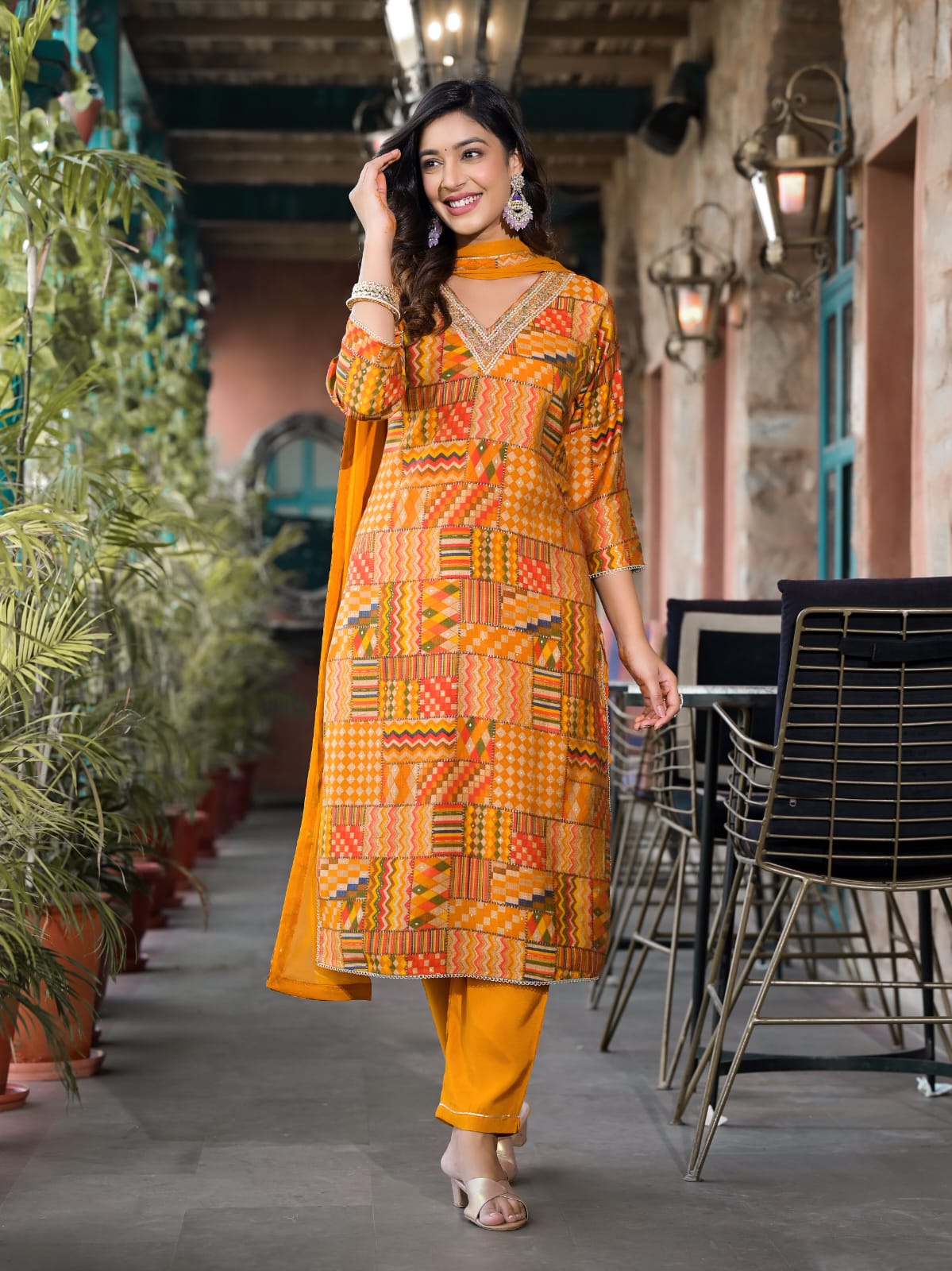 Vihaa Yellow Digital Printed embroidered straight Suit Set