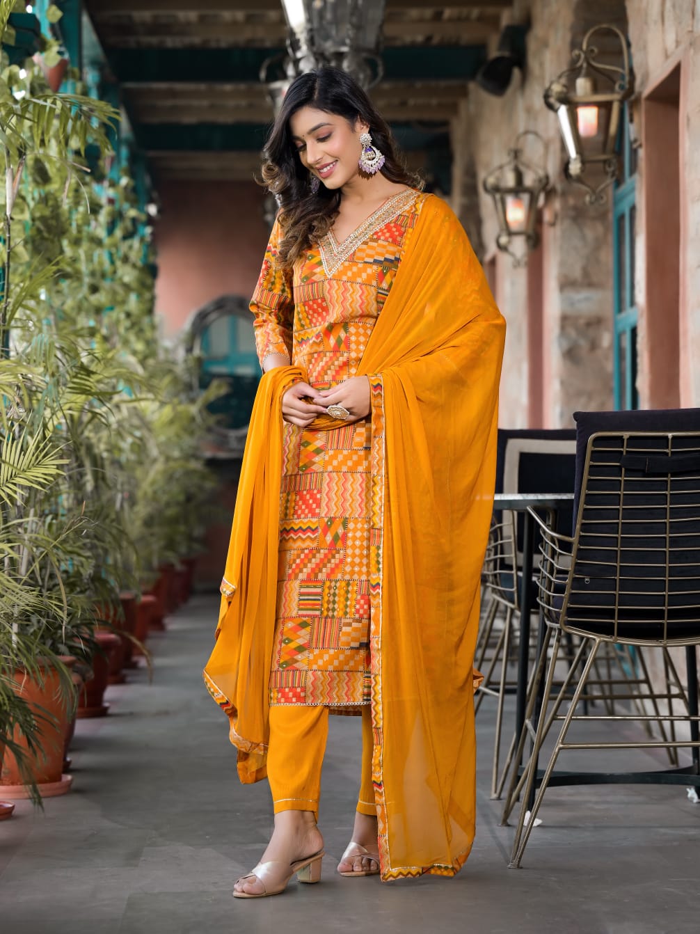 Vihaa Yellow Digital Printed embroidered straight Suit Set