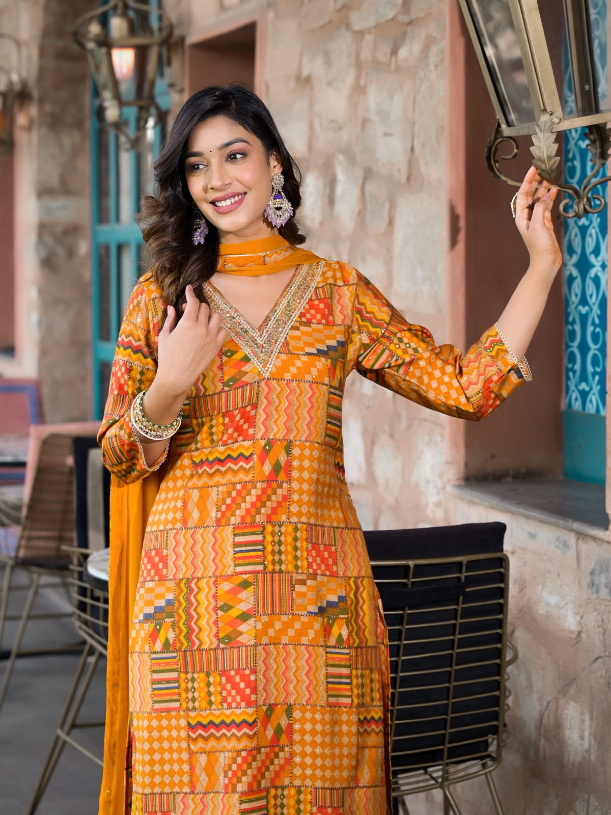 Vihaa Yellow Digital Printed embroidered straight Suit Set