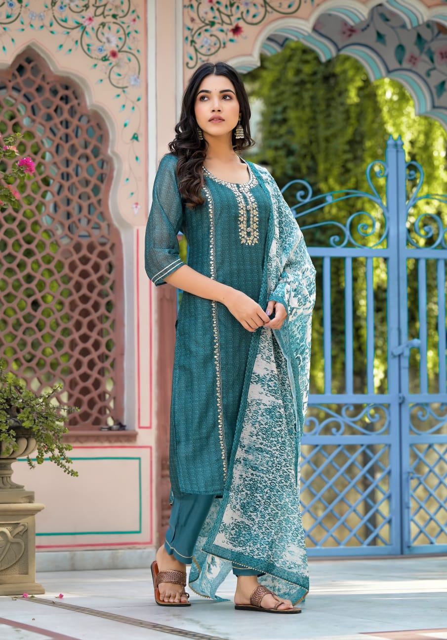 Kiara Teal Blue Gotta Patti Straight Suit Set