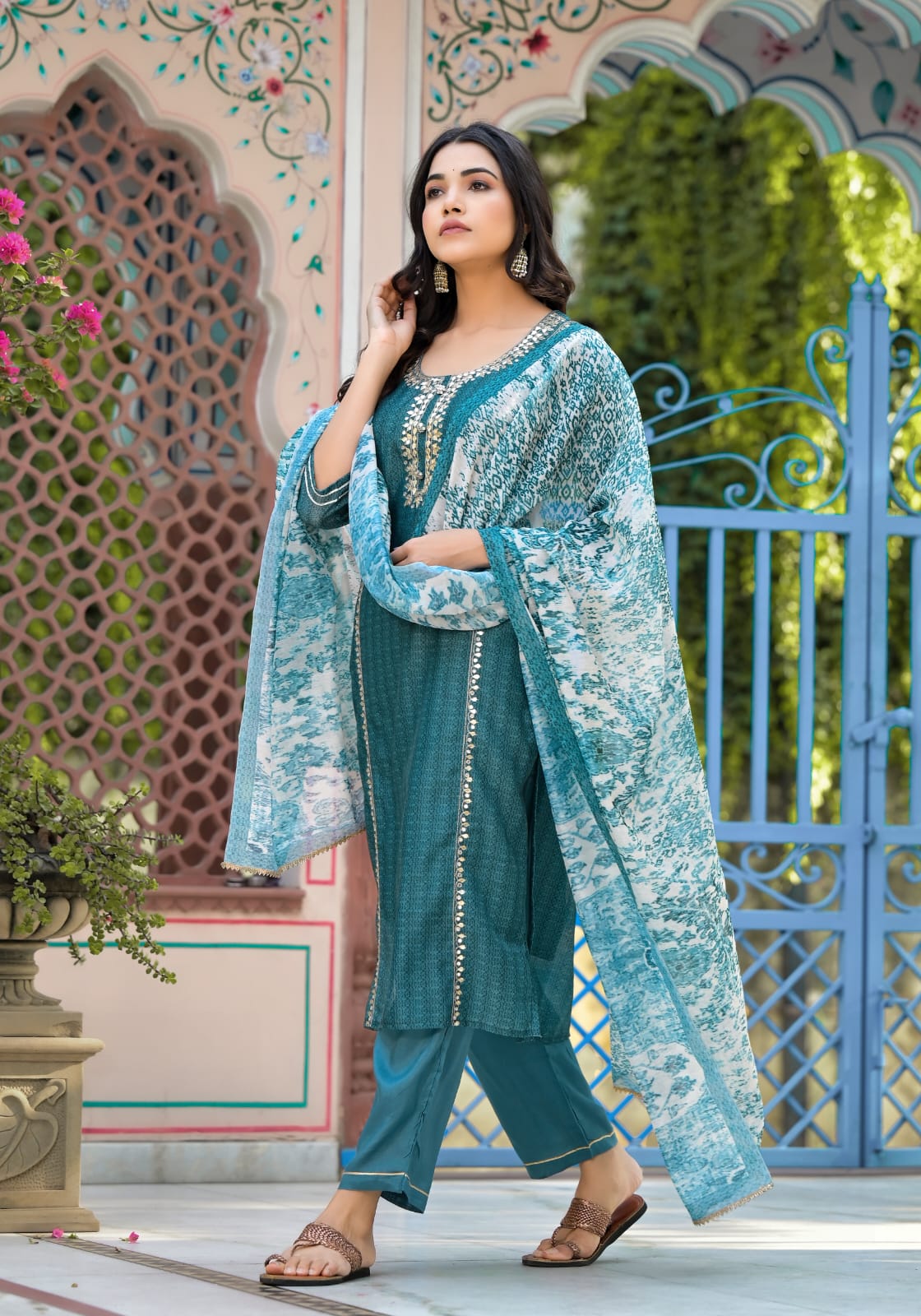 Kiara Teal Blue Gotta Patti Straight Suit Set