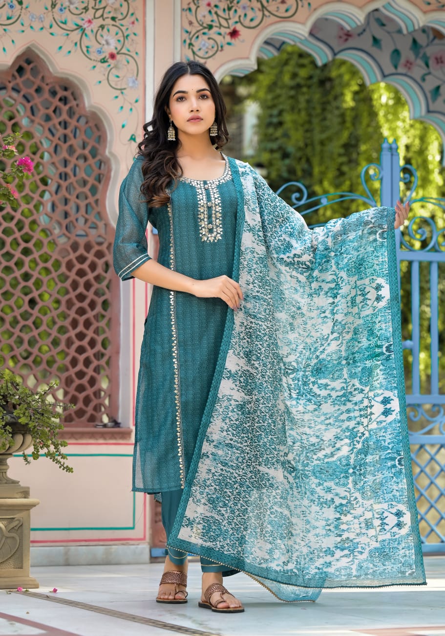 Kiara Teal Blue Gotta Patti Straight Suit Set