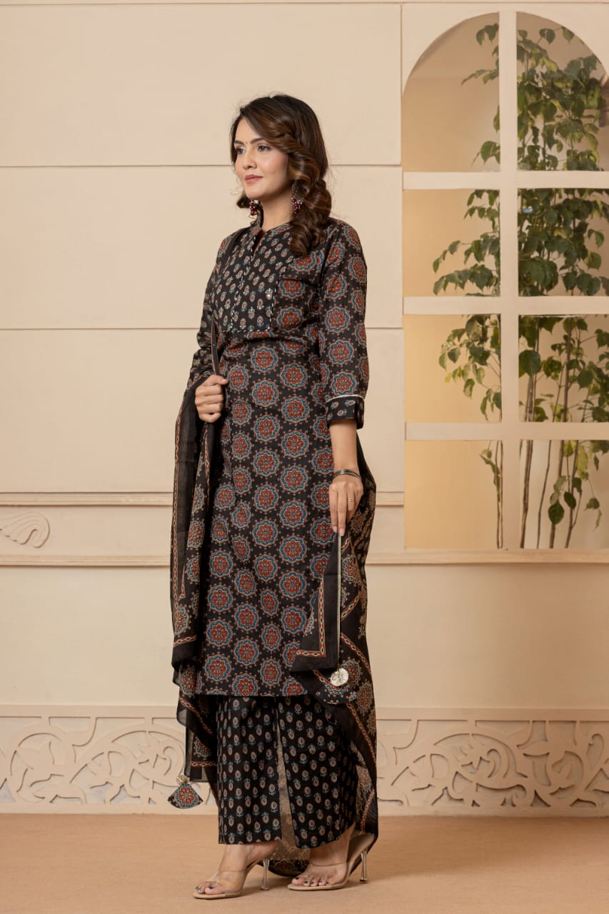 Vihaa Ajrakh Block Printed Black Straight Suit Set