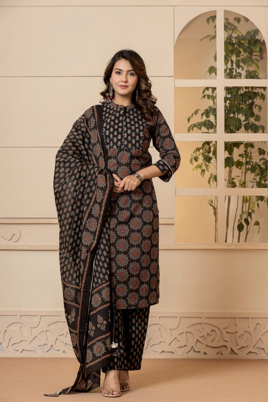 Vihaa Ajrakh Block Printed Black Straight Suit Set