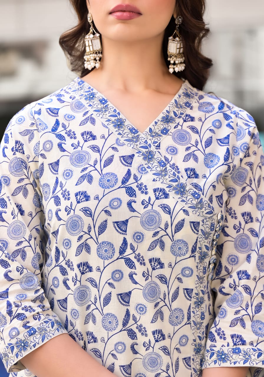 Maisha Block Printed Angrakha Style blue and white Straight Suit Set