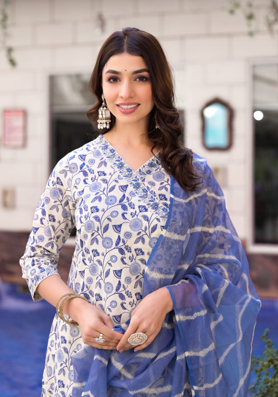 Maisha Block Printed Angrakha Style blue and white Straight Suit Set