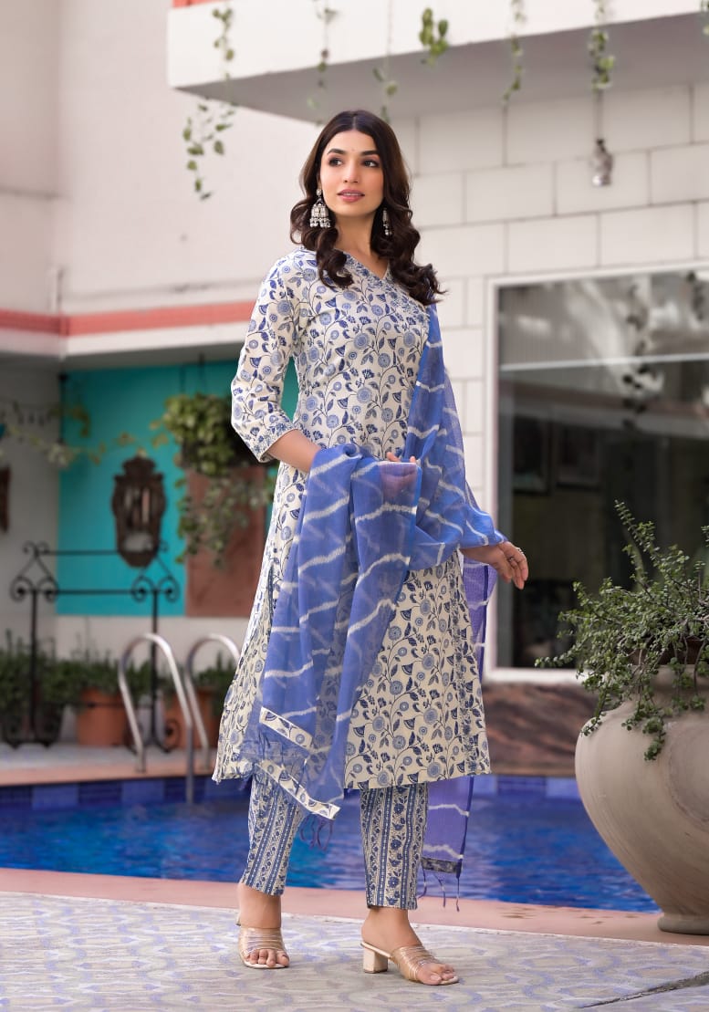 Maisha Block Printed Angrakha Style blue and white Straight Suit Set