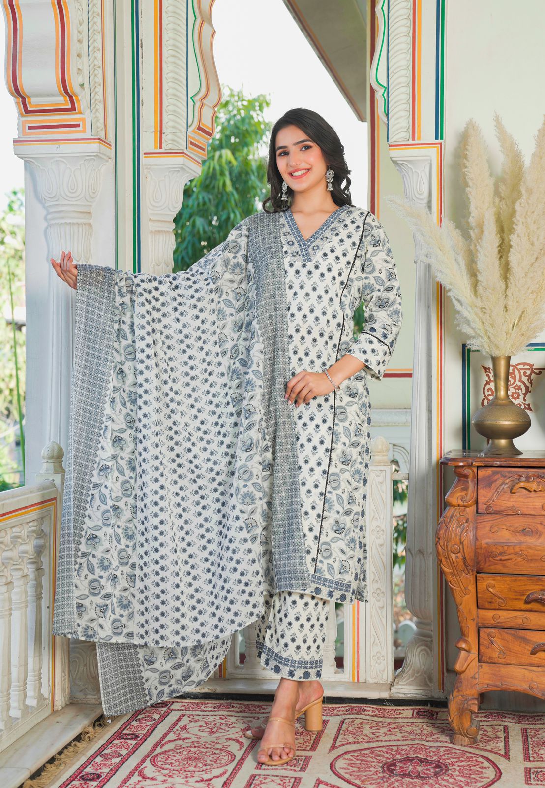 Navya Block Printed White Straight Suit Set