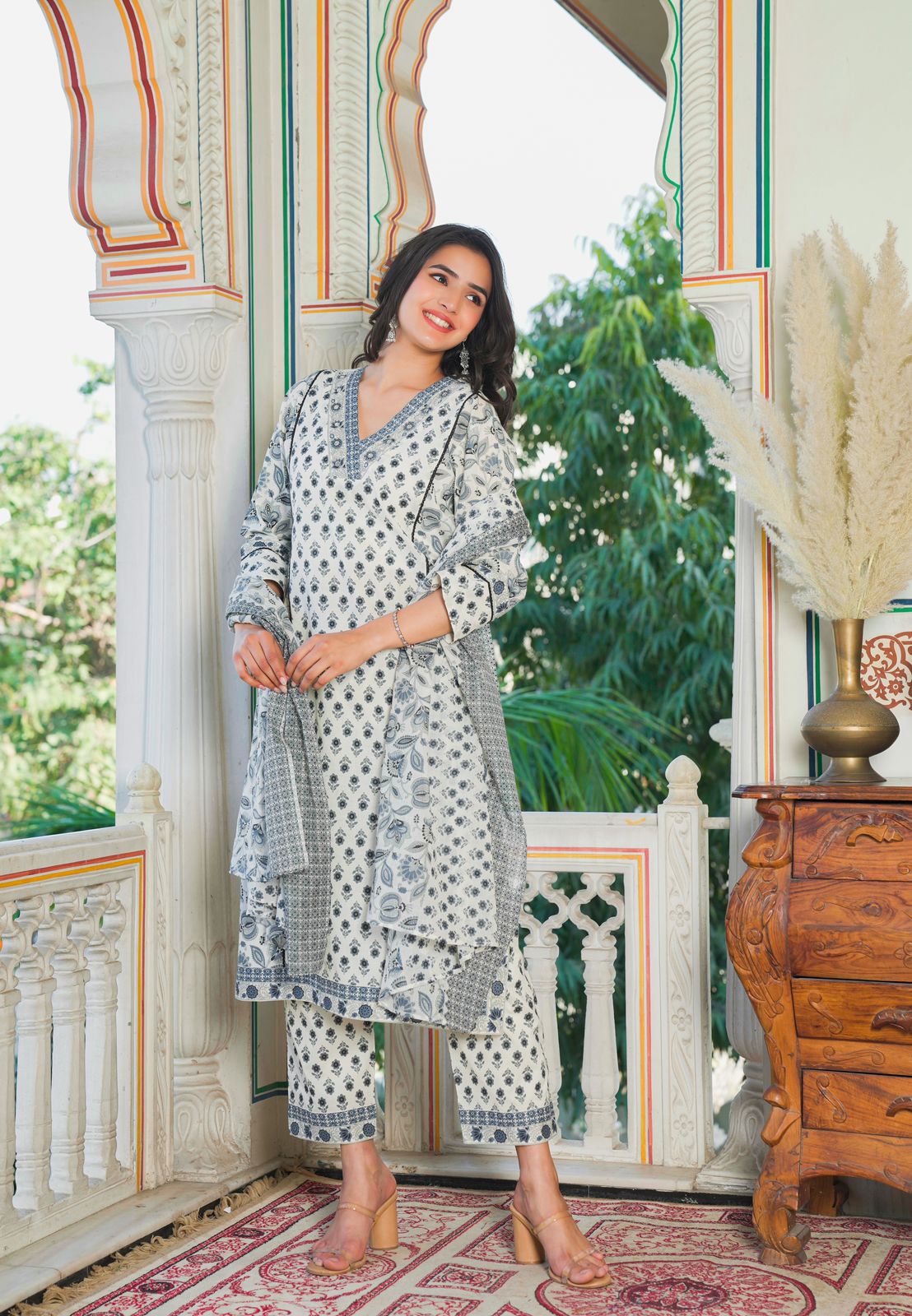 Navya Block Printed White Straight Suit Set