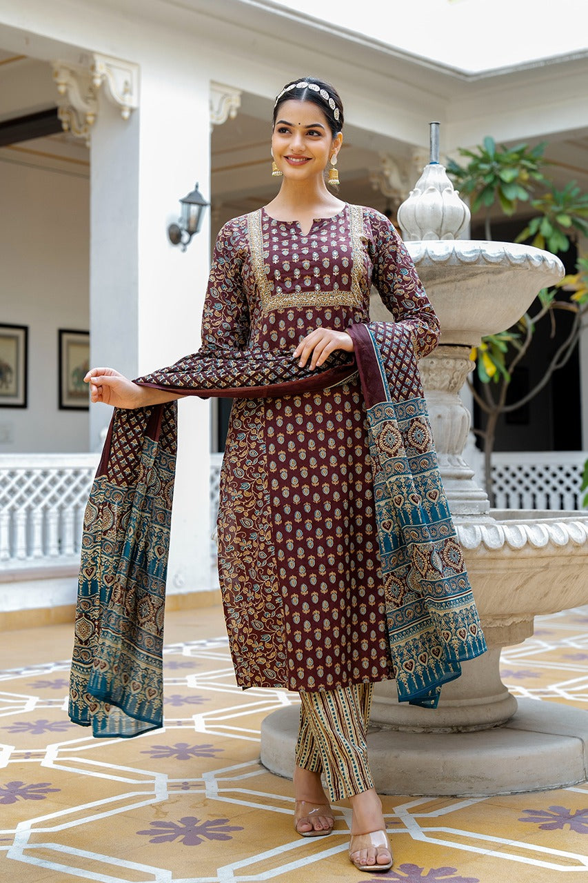 Vihaa Block Printed Brown Straight Suit Set