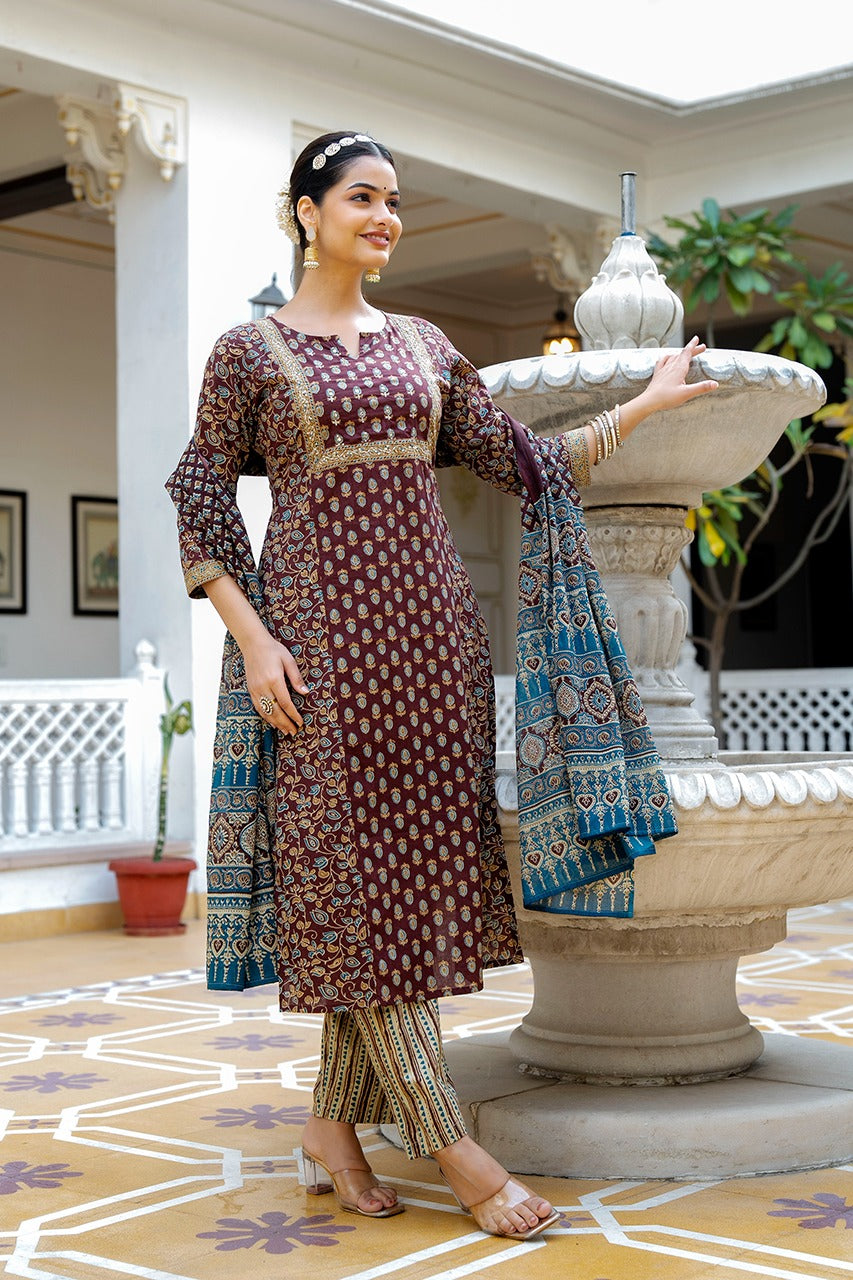 Vihaa Block Printed Brown Straight Suit Set