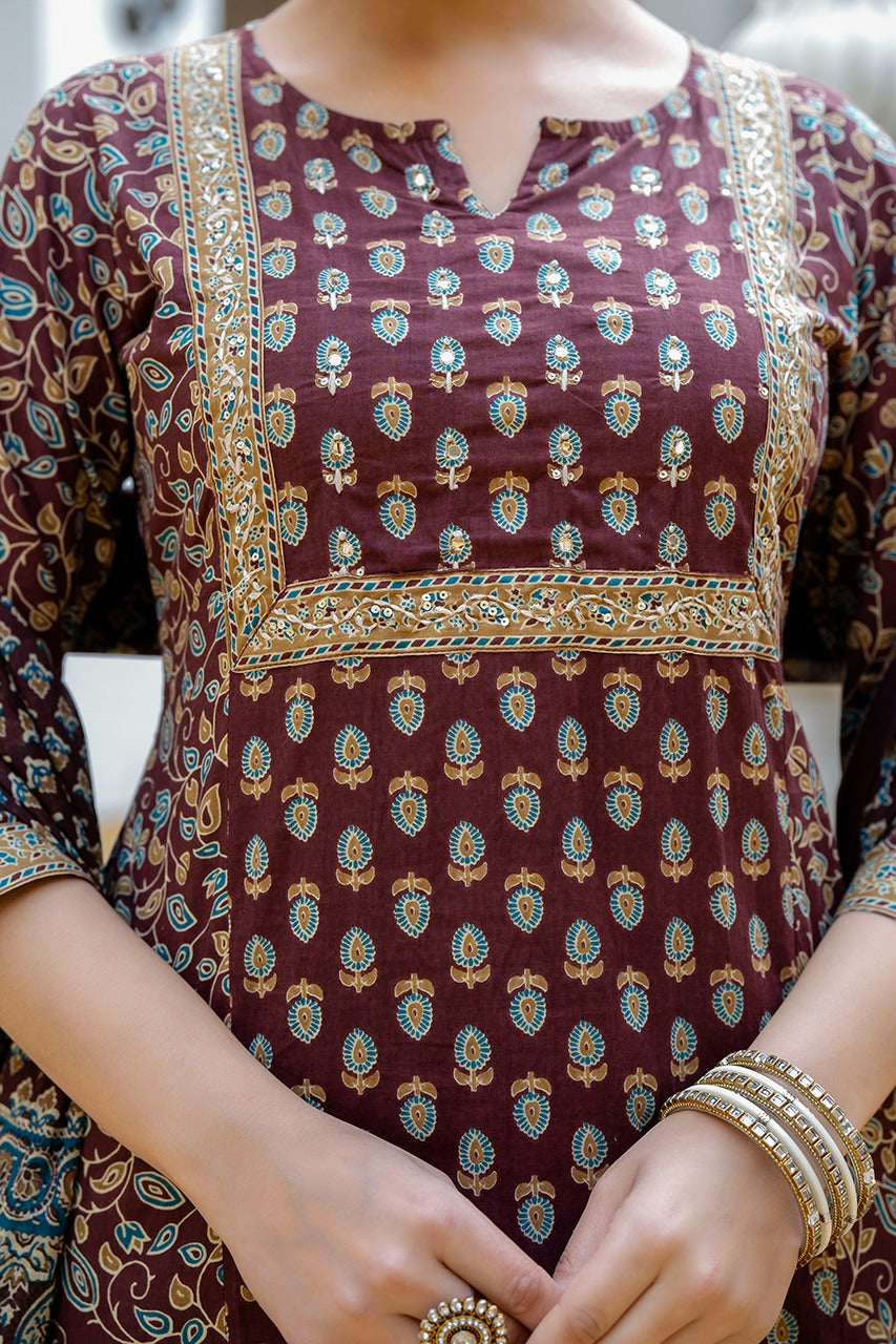 Vihaa Block Printed Brown Straight Suit Set