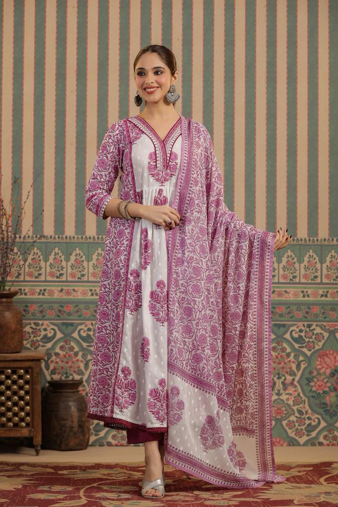 Maisha Block Printed White and Purple Suit Set