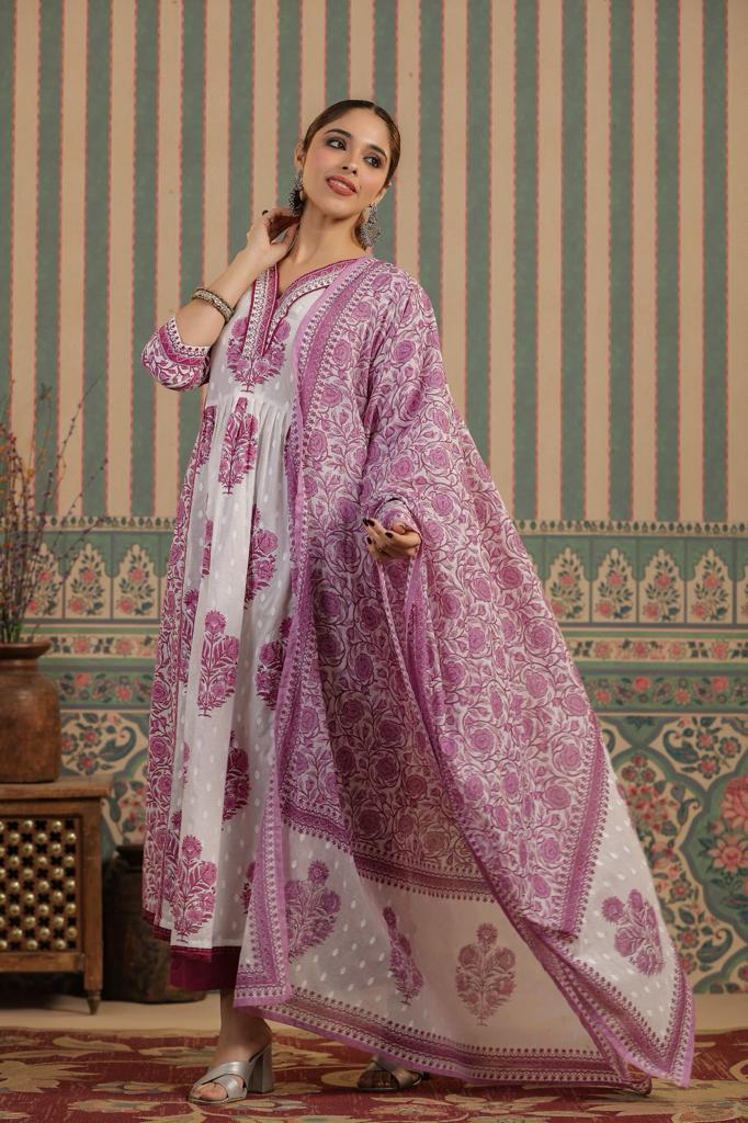 Maisha Block Printed White and Purple Suit Set