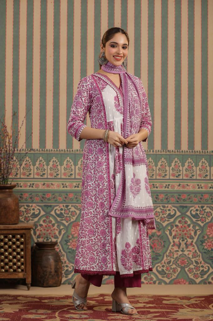 Maisha Block Printed White and Purple Suit Set