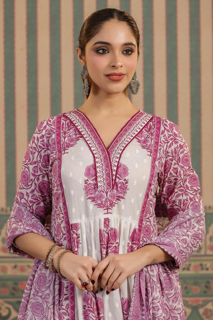 Maisha Block Printed White and Purple Suit Set