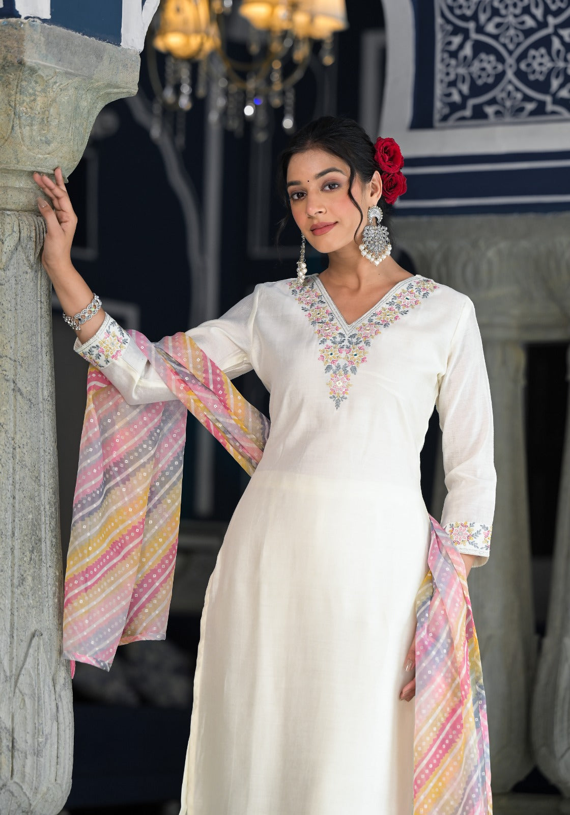 Vihaa Thread Embroidered White Straight Suit Set