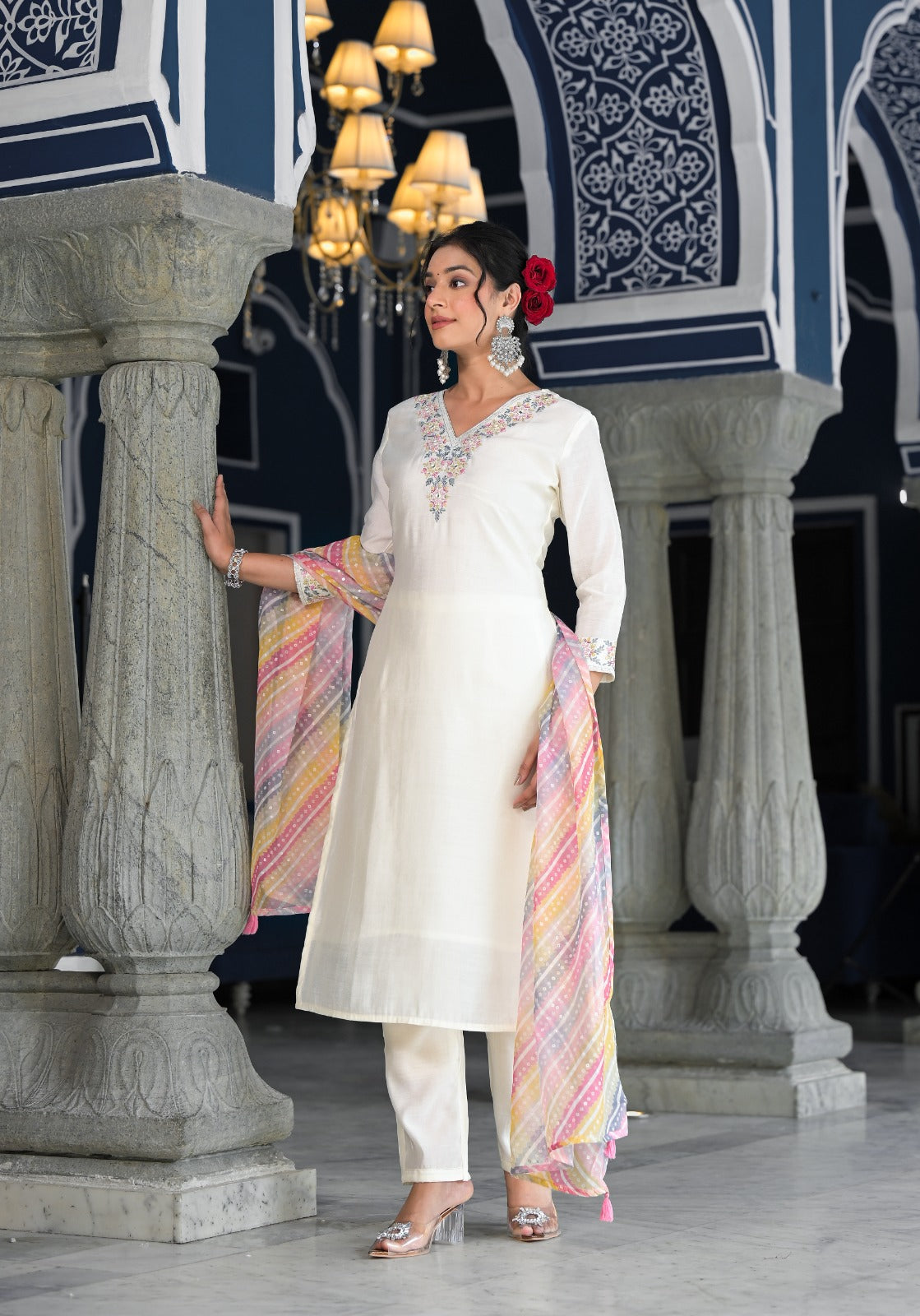 Vihaa Thread Embroidered White Straight Suit Set