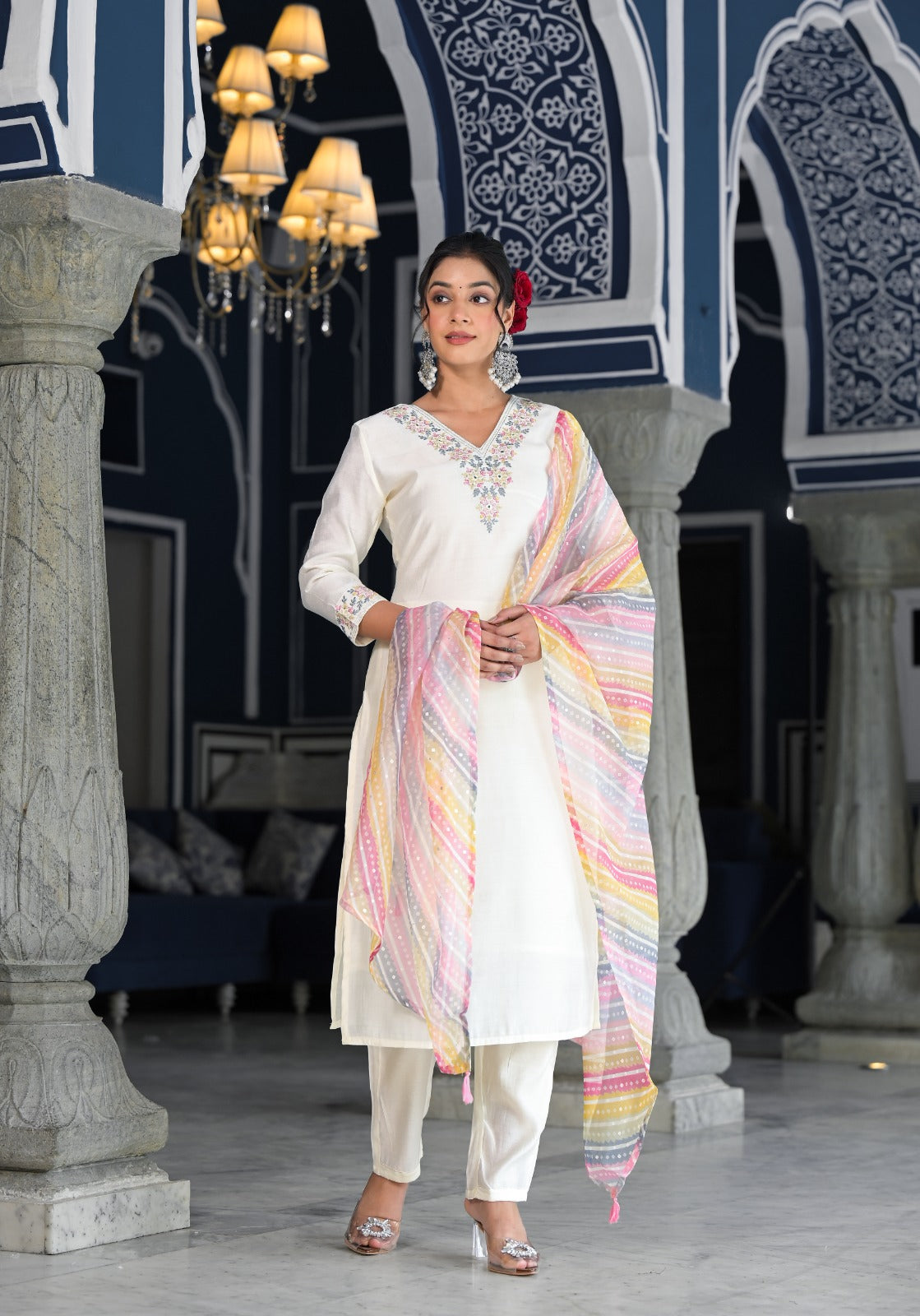 Vihaa Thread Embroidered White Straight Suit Set