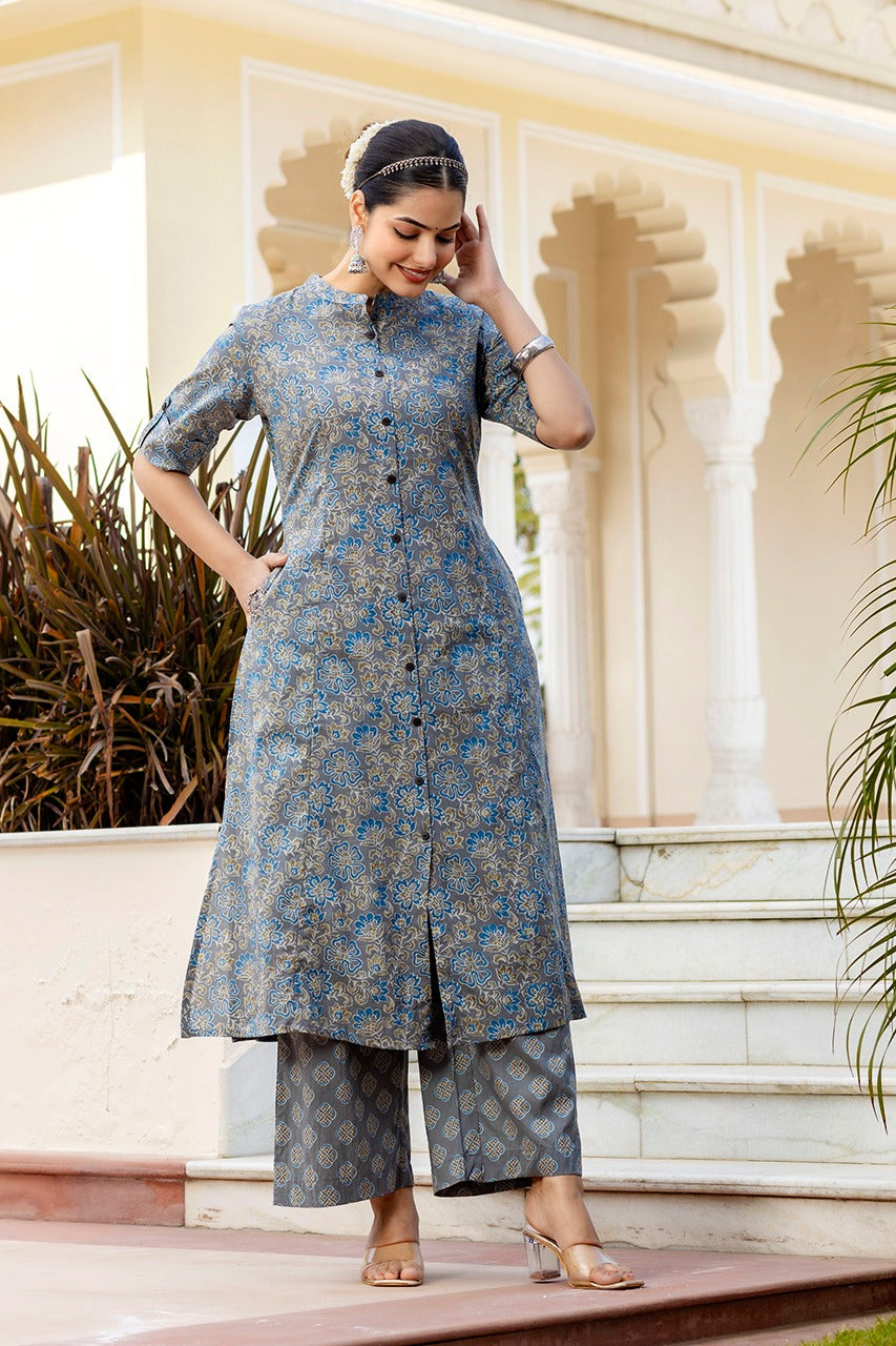 Maisha A-Line Block Printed Grey and Blue Co-Ord Set