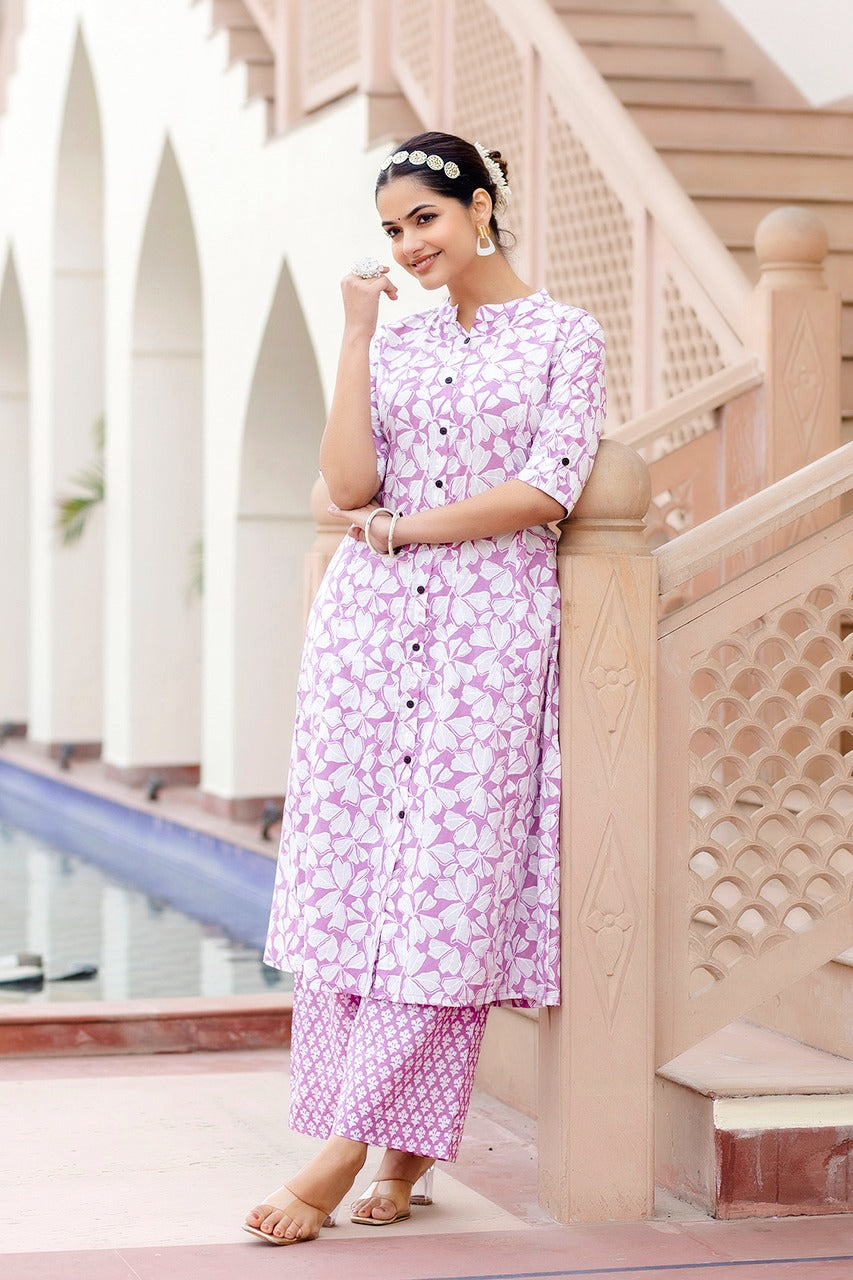 Maisha A-Line Block Printed White and Lavender Co-Ord Set