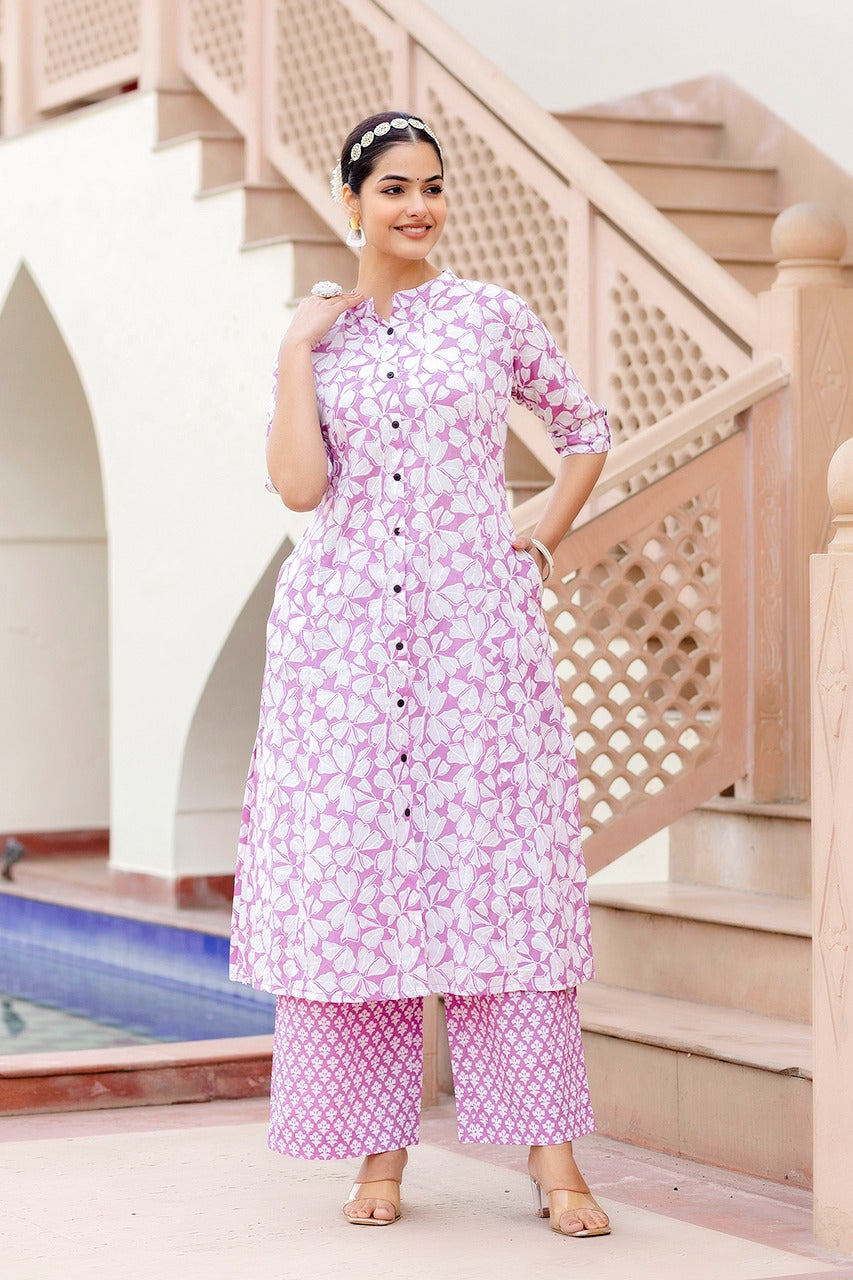 Maisha A-Line Block Printed White and Lavender Co-Ord Set