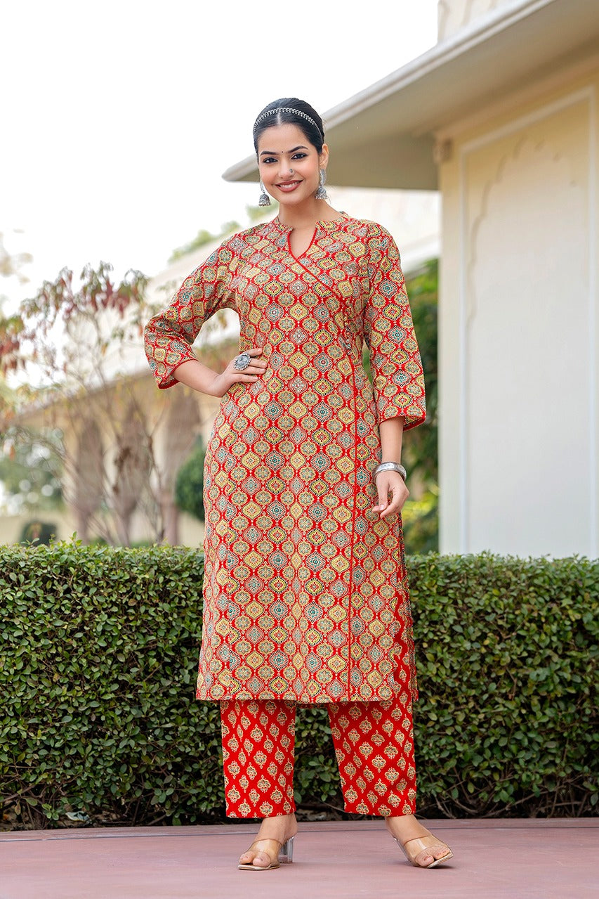 Maisha A-Line Block Printed Red Ajrakh Co-Ord Set