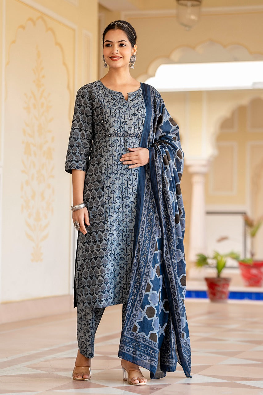 Vihaa Block Printed Indiggo Straight Suit Set