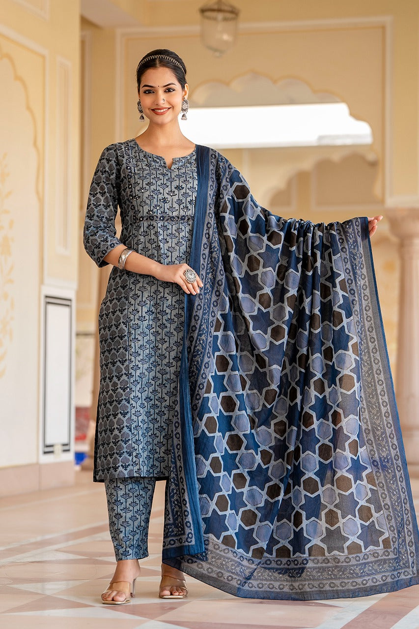 Vihaa Block Printed Indiggo Straight Suit Set