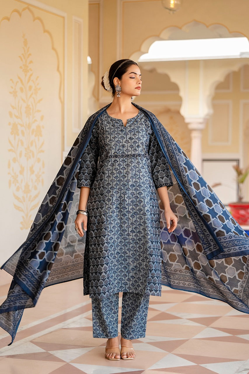 Vihaa Block Printed Indiggo Straight Suit Set