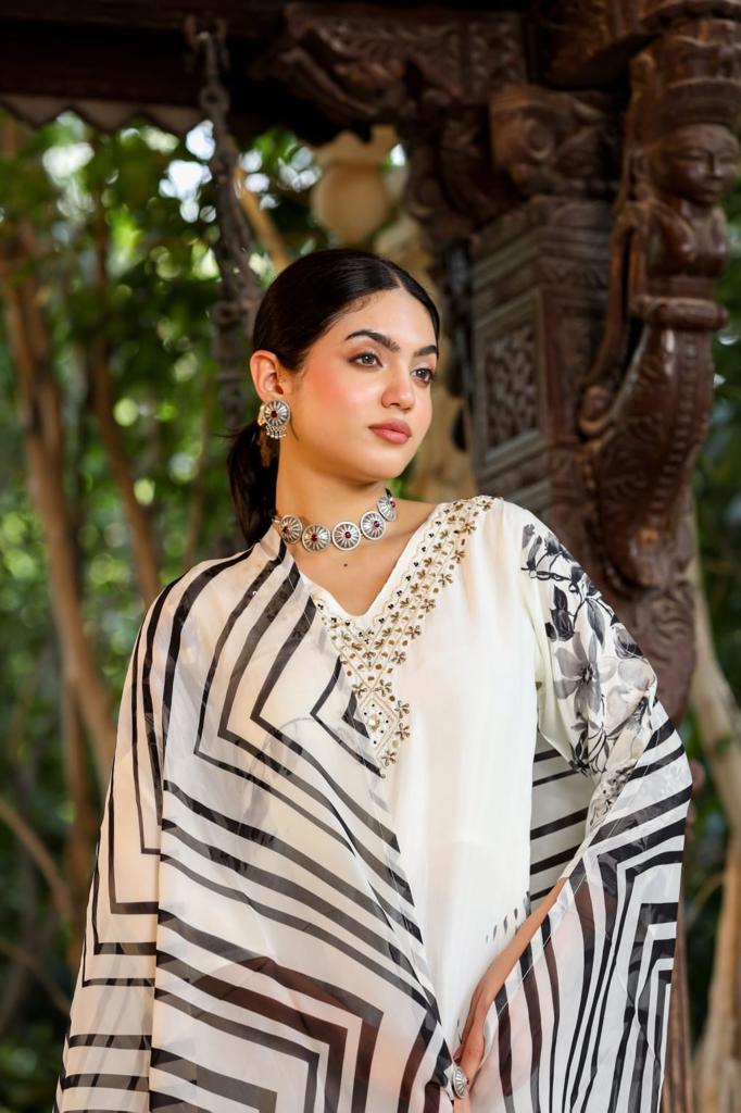 Vihaa Floral Printed White and Black Straight Suit Set