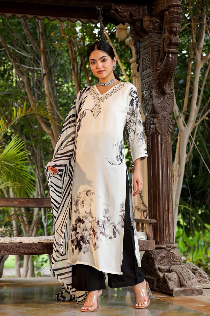 Vihaa Floral Printed White and Black Straight Suit Set