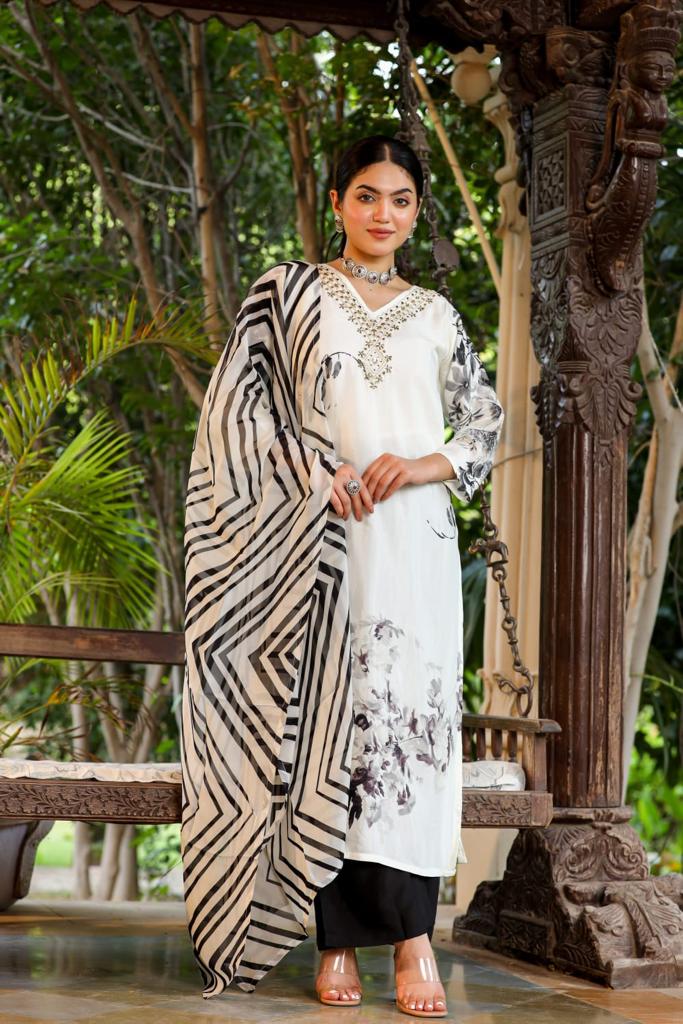 Vihaa Floral Printed White and Black Straight Suit Set