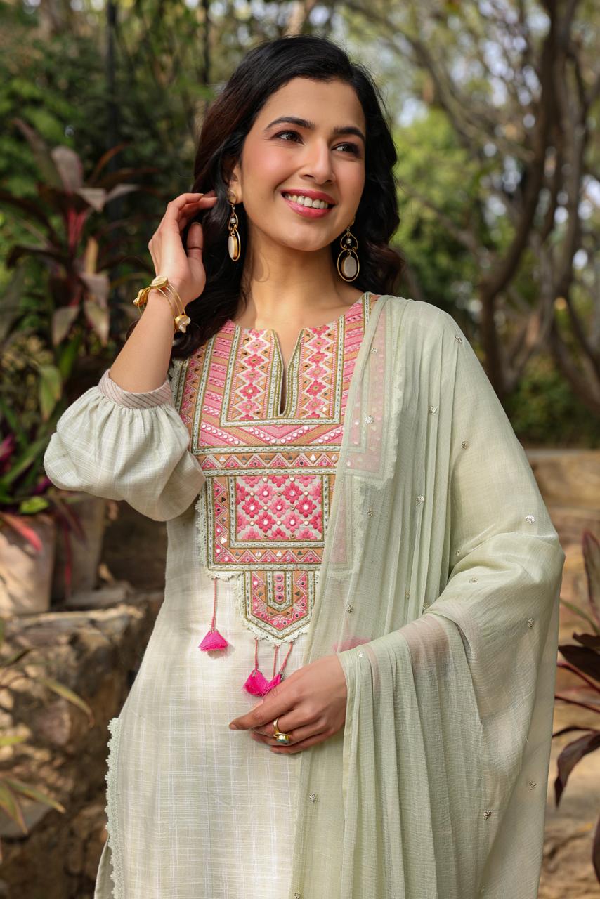 Kiara Embroidered Pista Green Suit Set