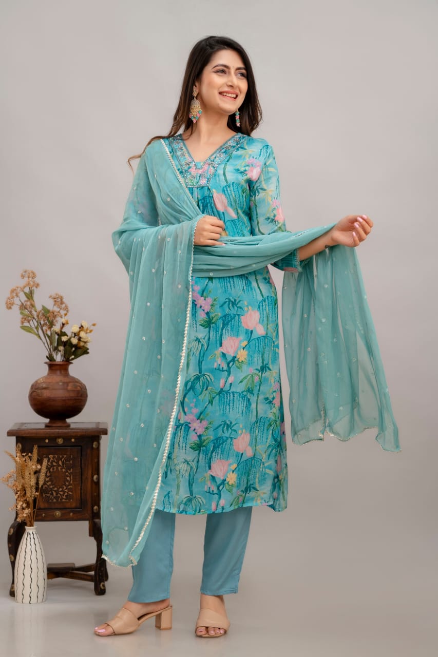 Kiara Blue Floral Printed V-neck Straight Suit Set