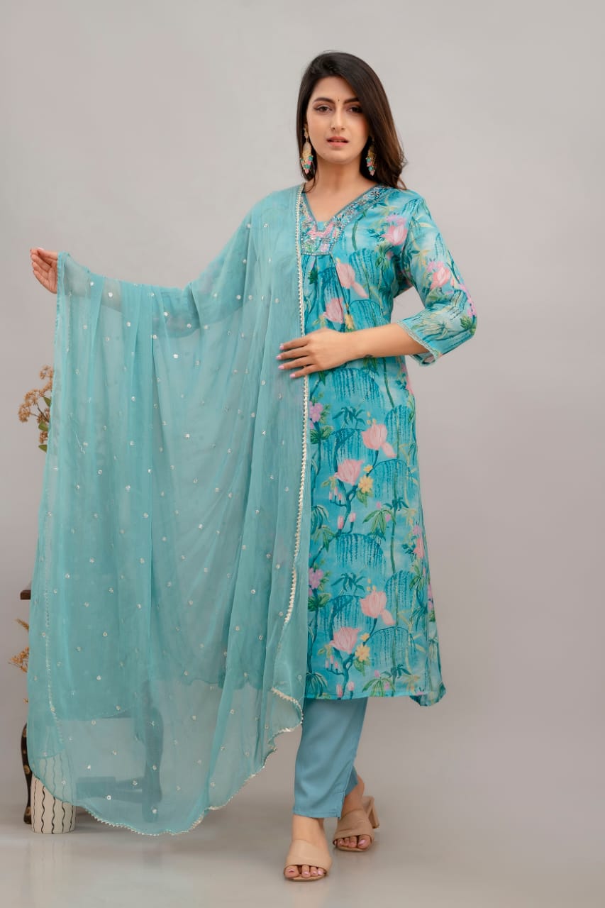 Kiara Blue Floral Printed V-neck Straight Suit Set