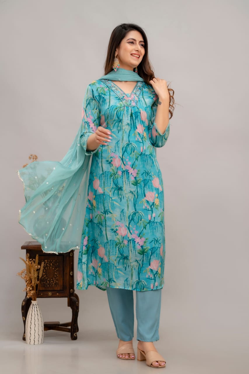 Kiara Blue Floral Printed V-neck Straight Suit Set