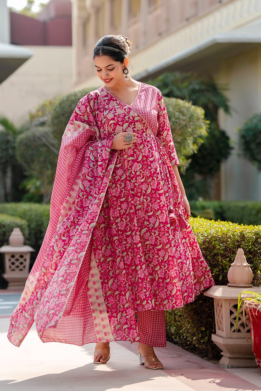 Kiara Pink Floral Block Printed Angrakha Suit Set