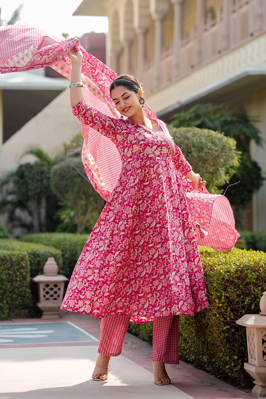 Kiara Pink Floral Block Printed Angrakha Suit Set