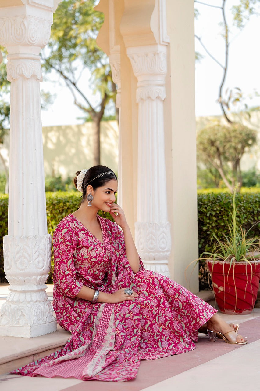 Kiara Pink Floral Block Printed Angrakha Suit Set