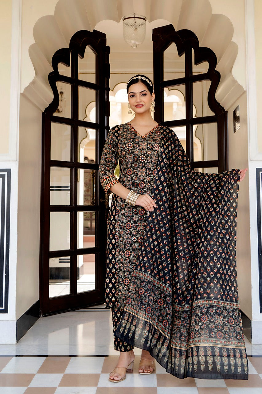 Vihaa Block Printed Black Akrakh Straight Suit Set