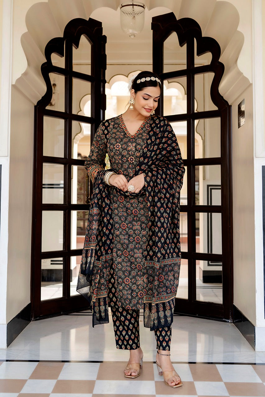 Vihaa Block Printed Black Akrakh Straight Suit Set