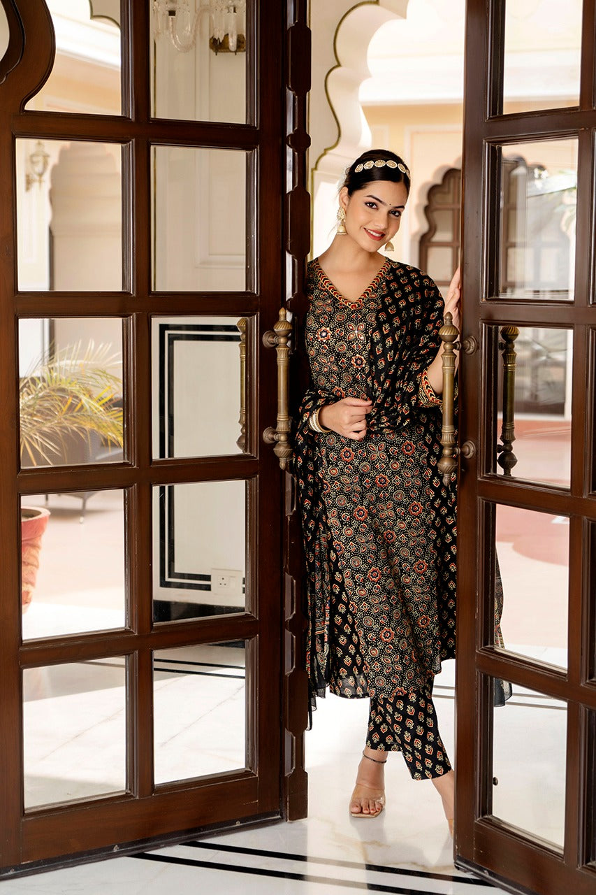 Vihaa Block Printed Black Akrakh Straight Suit Set