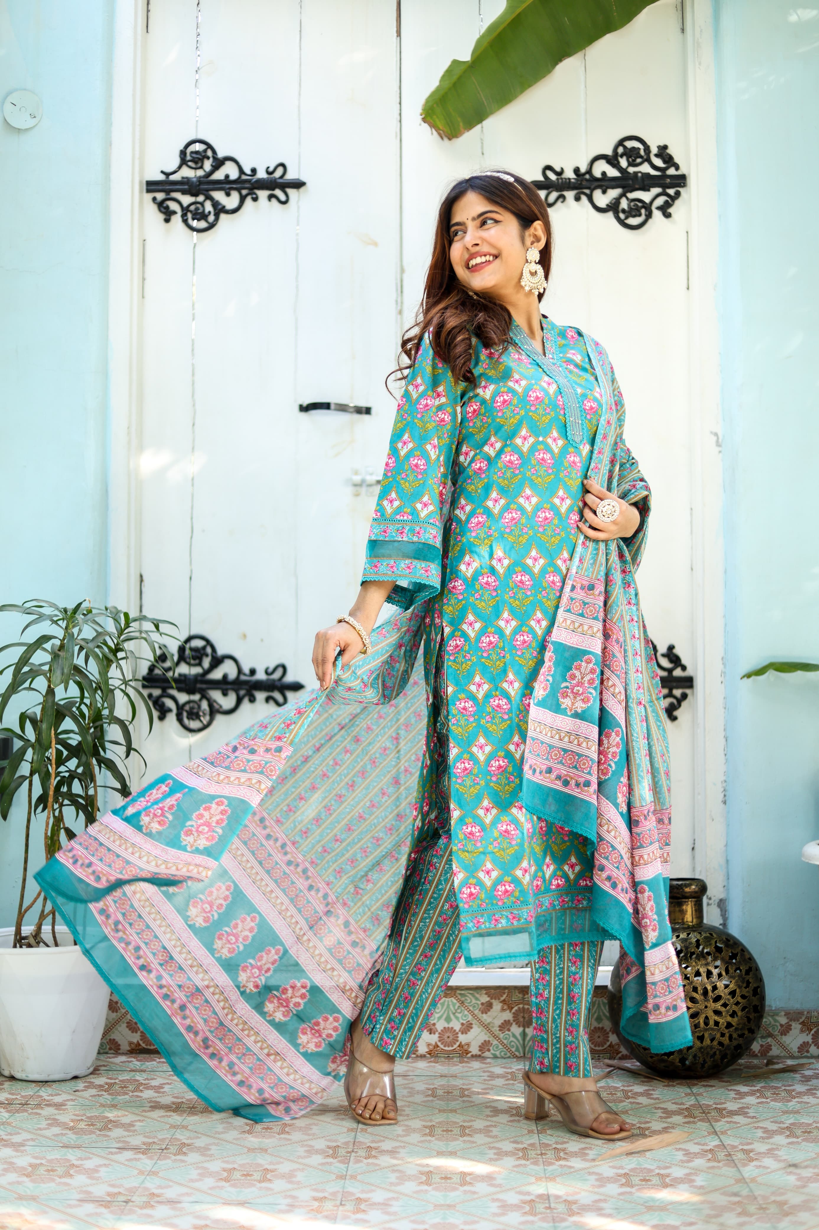 Maisha Green Block Printed Pakistani Style straight Suit Set