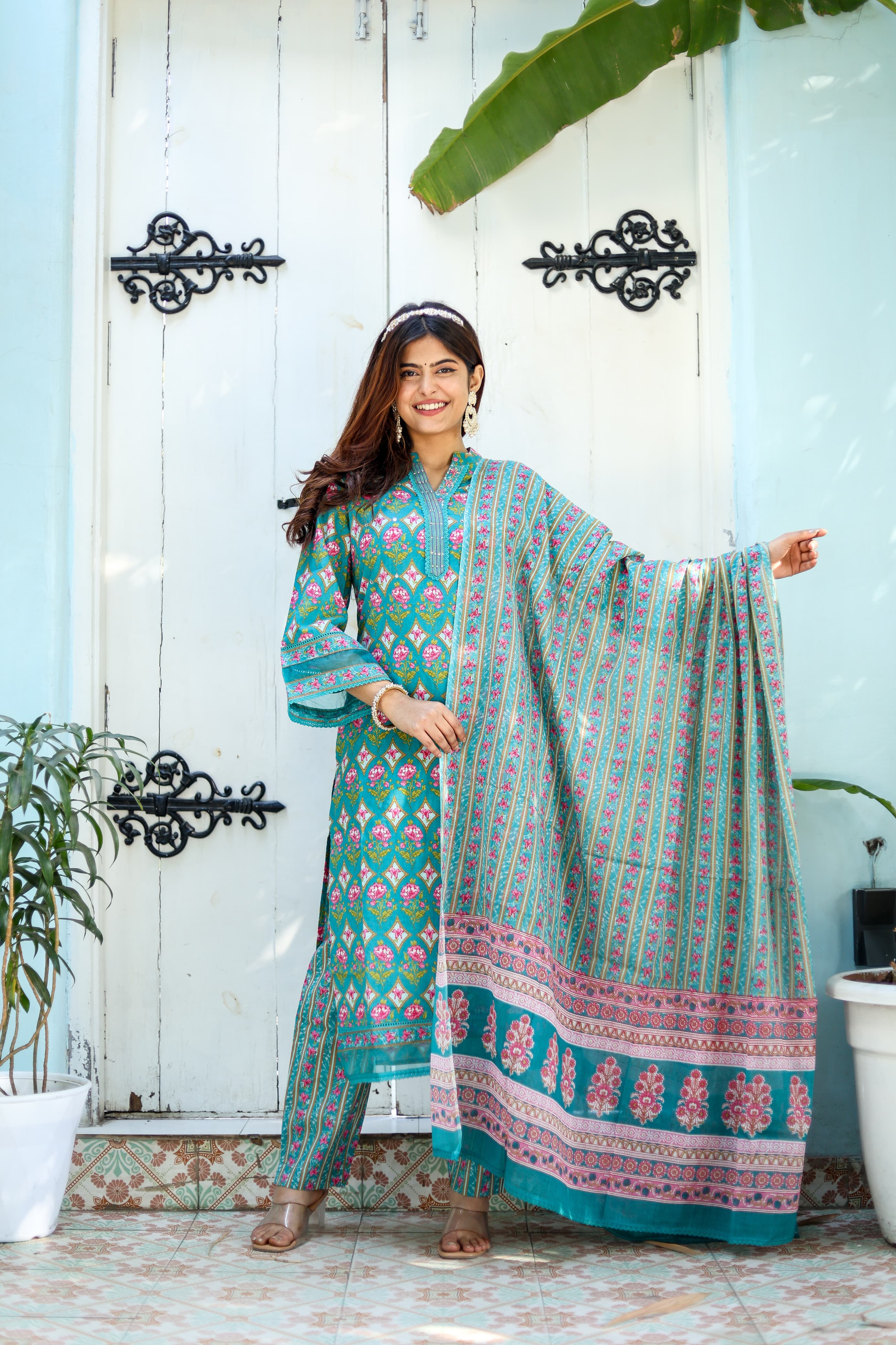 Maisha Green Block Printed Pakistani Style straight Suit Set