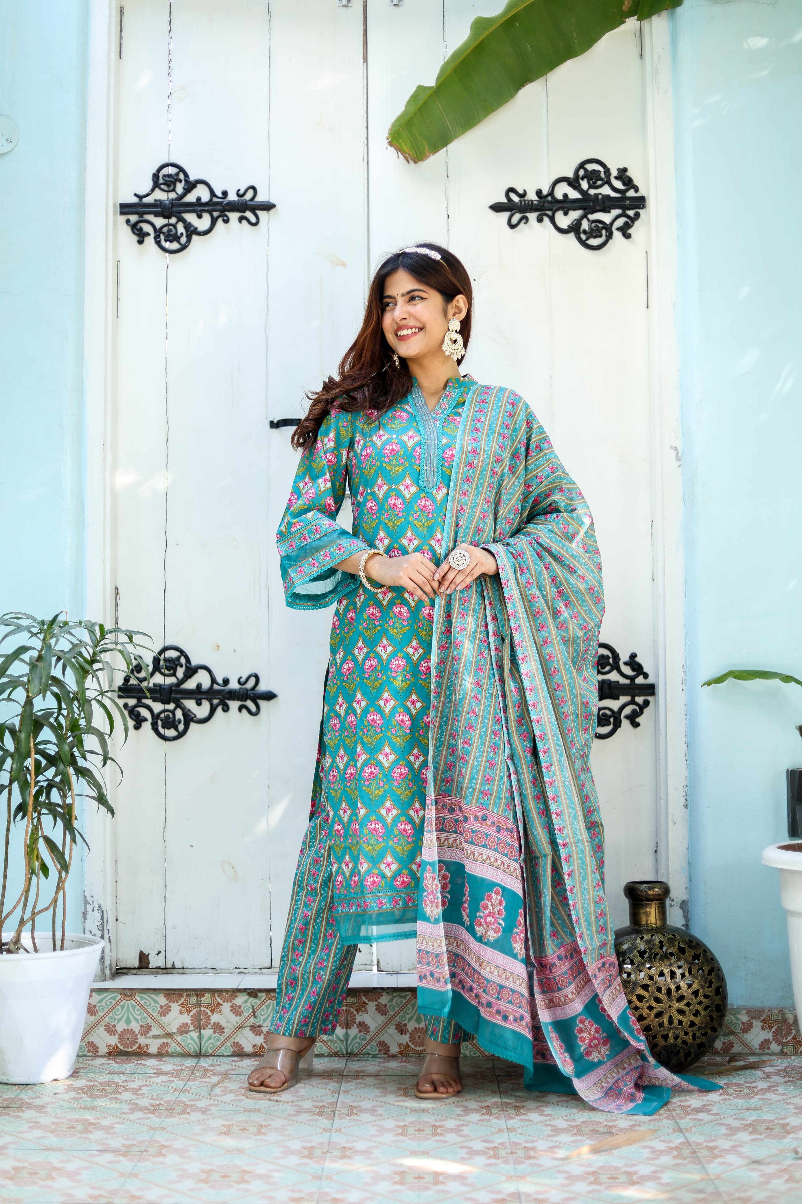 Maisha Green Block Printed Pakistani Style straight Suit Set